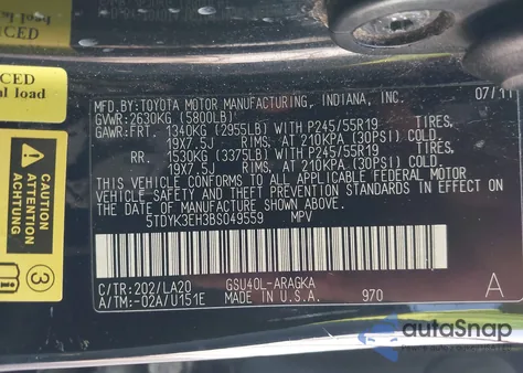 2011 Toyota Highlander Limited V6 from USA, damaged, VIN 5TDYK3EH3BS049559